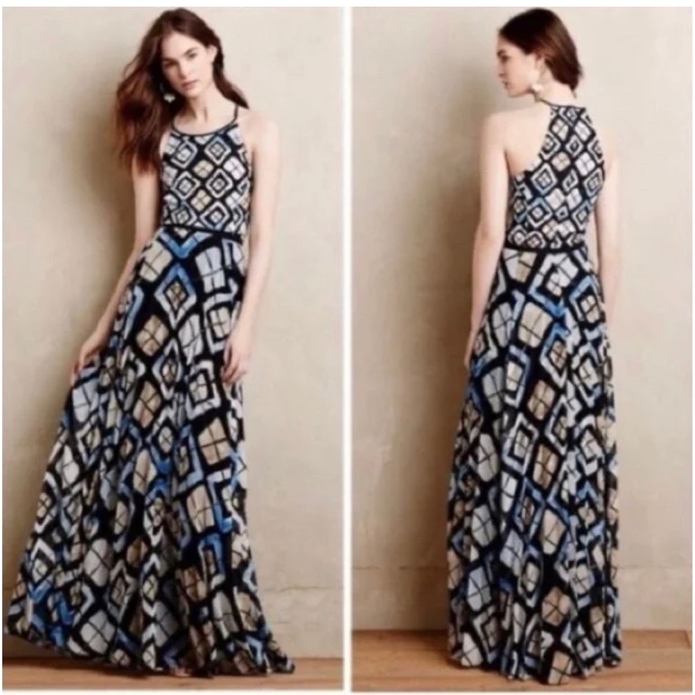 Anthropologie blue motif pleated maxi dress summer wedding guest